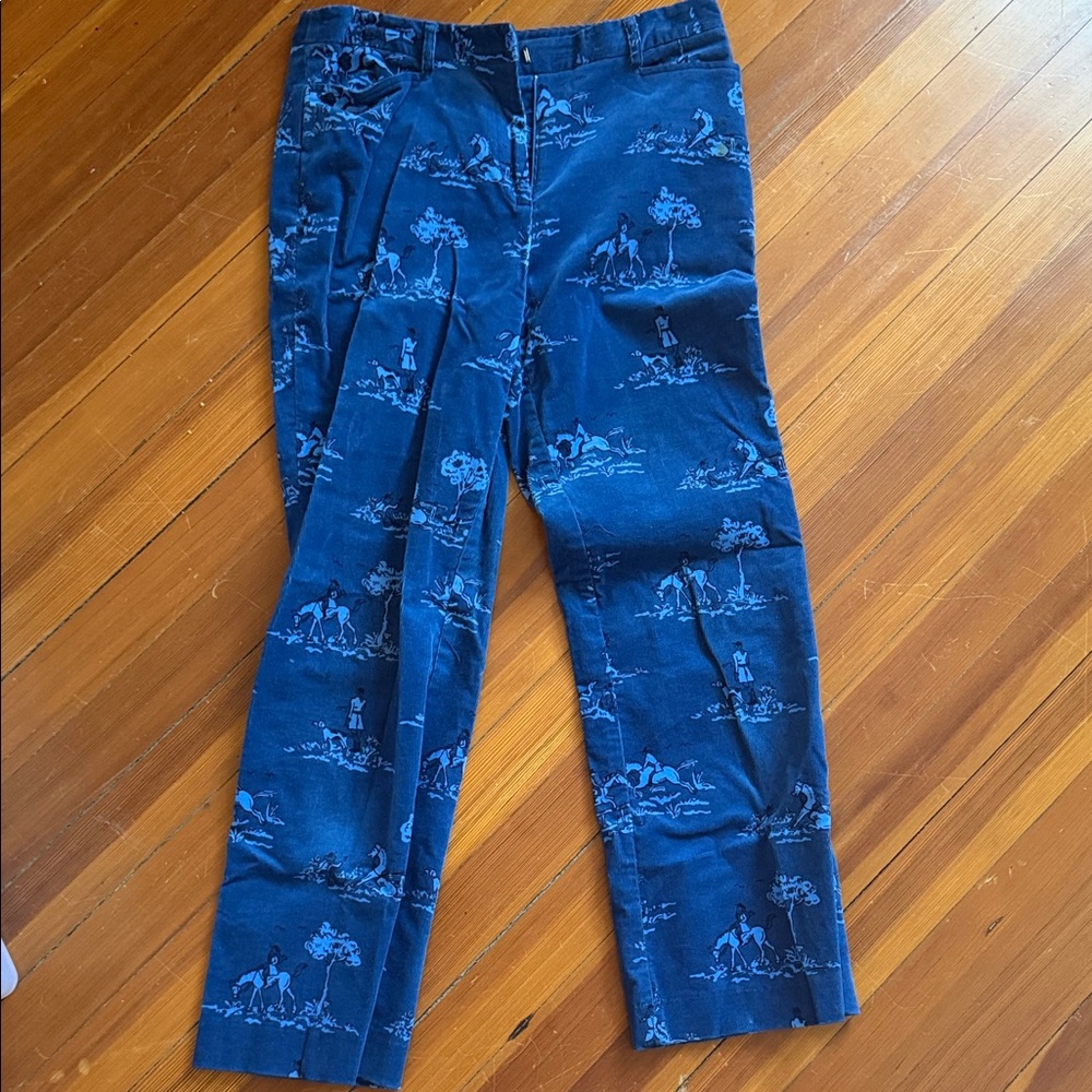 VINTAGE Lilly Pulitzer Blue Corduroy Pants with Horse scene